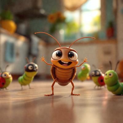 The primary subject of the image is a cartoon-like insect, possibly a grasshopper or a caterpillar, standing on a wooden floor. The insect is smiling and appears to be the main focus of the scene. The setting is a kitchen, with a sink visible in the background. The visual style is a combination of photo and digital art, creating a whimsical and playful atmosphere. The colors are predominantly earthy tones, such as brown and green, which contribute to the overall mood of
